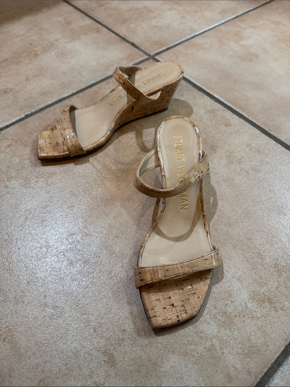 Never worn Stuart Weitzman Cork Double-Strap Wedge Sandals in Tan